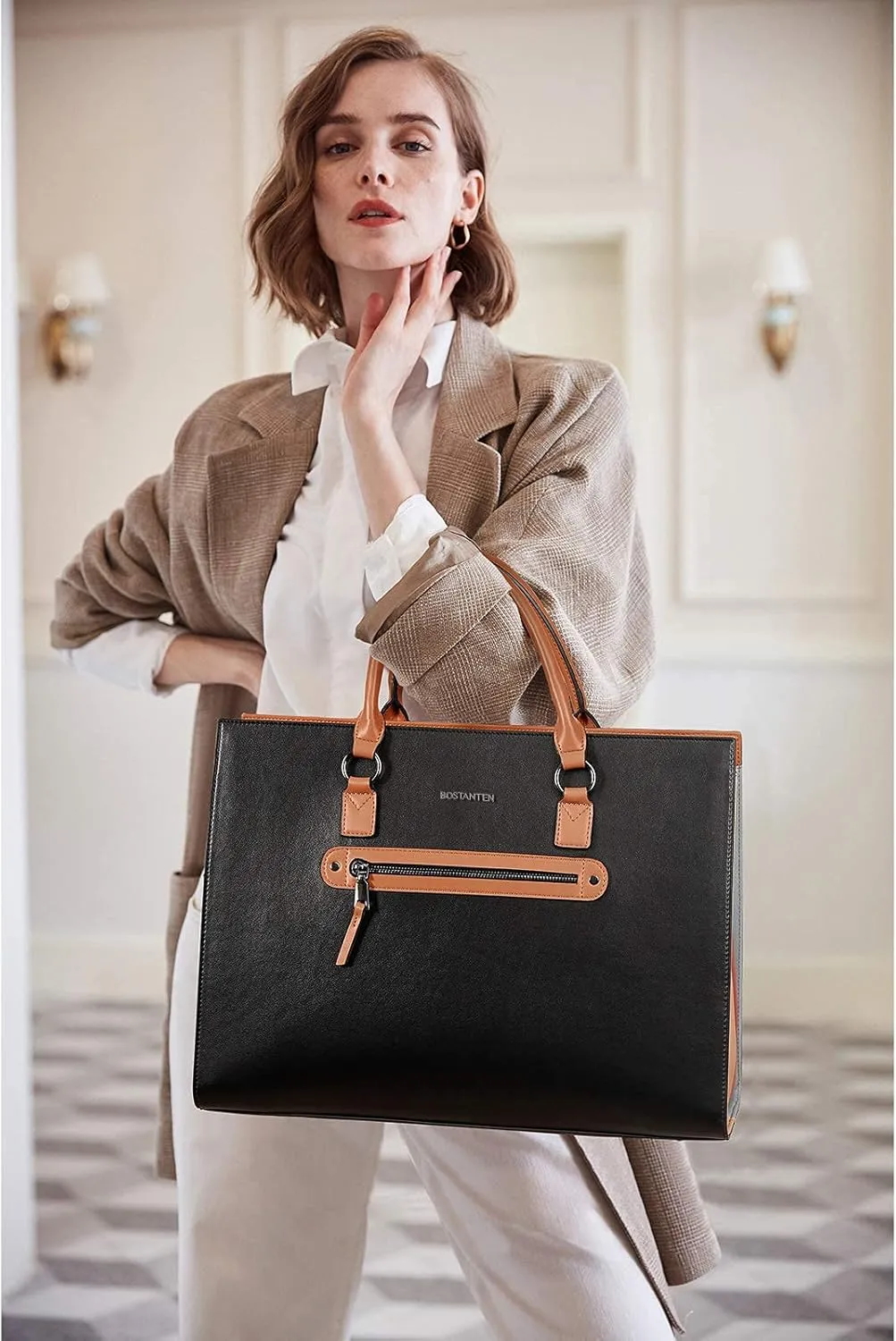 BOSTANTEN Leather Laptop Briefcase for Women Shoulder Bag 15.6 Inch Business Computer Work Tote