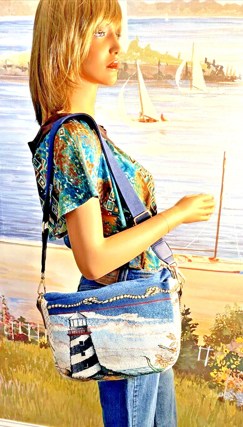 Carla Handmade Upcycled Handbag Lighthouse Tapestry  denim (C804-21)