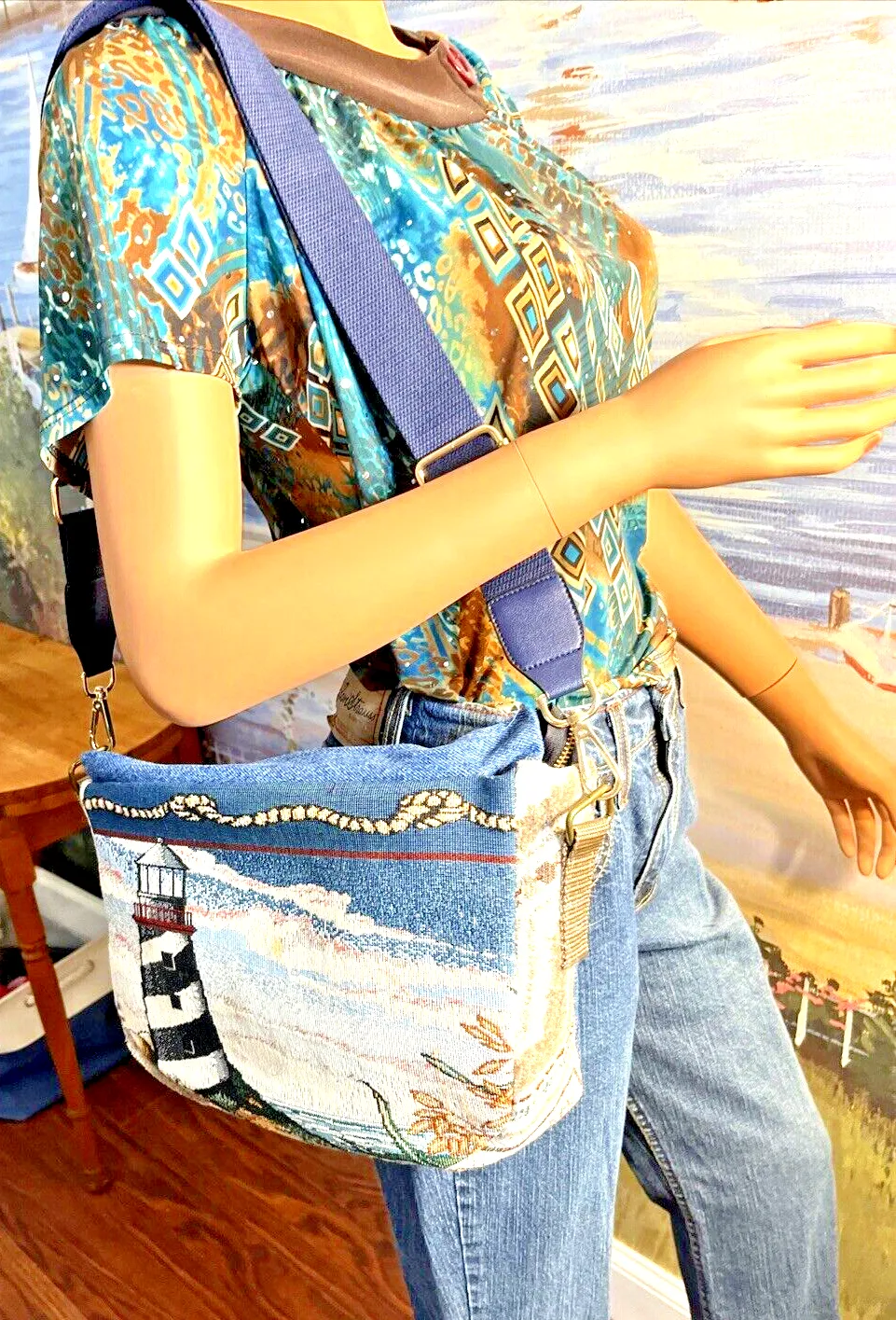 Carla Handmade Upcycled Handbag Lighthouse Tapestry  denim (C804-21)
