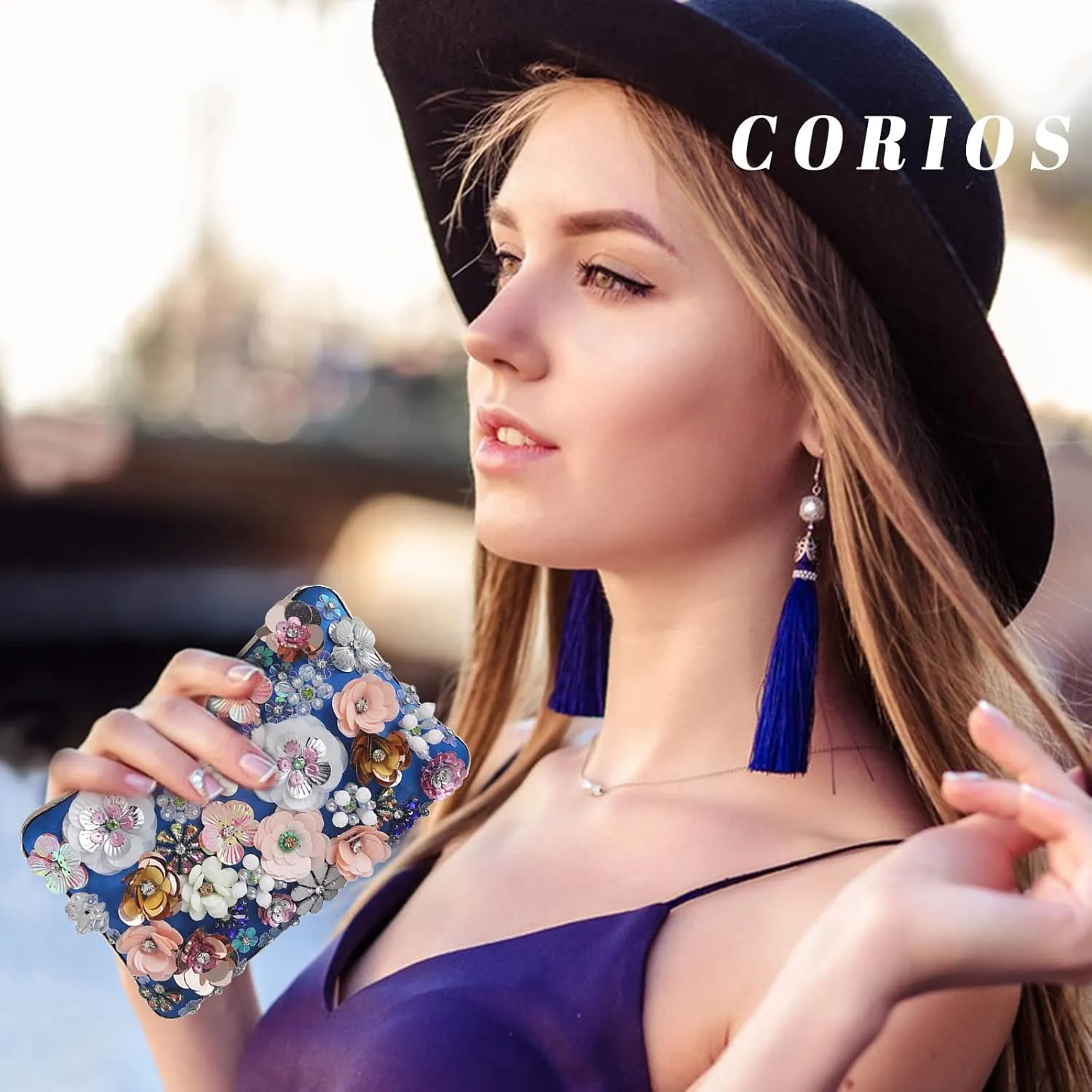CORIOS Women's Floral Evening Bag Shiny Rhinestone Clutch Bag Wedding Bag Chain Handbag Elegant Shoulder Bag Pearl Shoulder Bag for Wedding Prom Banquet Party, blue, Elegant