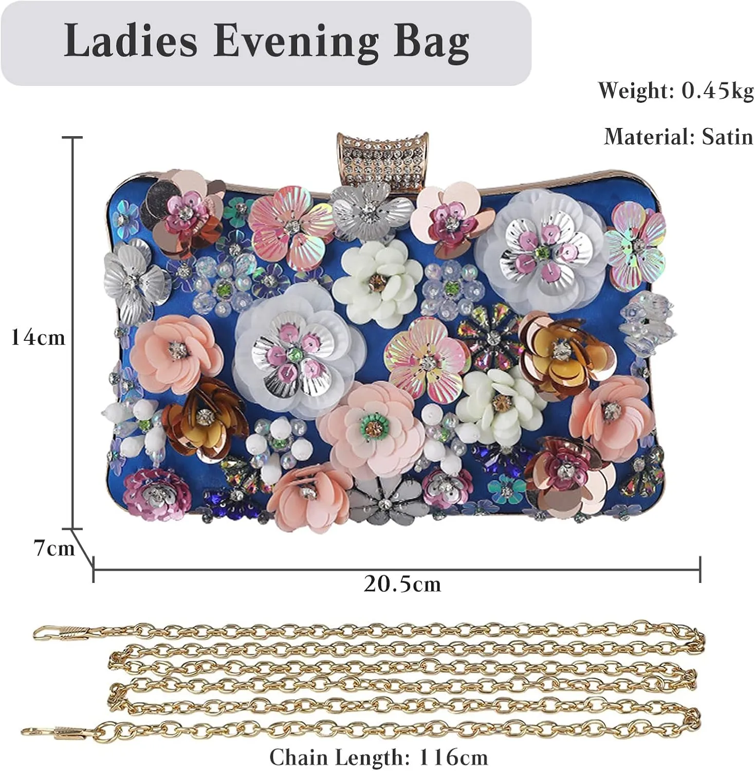 CORIOS Women's Floral Evening Bag Shiny Rhinestone Clutch Bag Wedding Bag Chain Handbag Elegant Shoulder Bag Pearl Shoulder Bag for Wedding Prom Banquet Party, blue, Elegant
