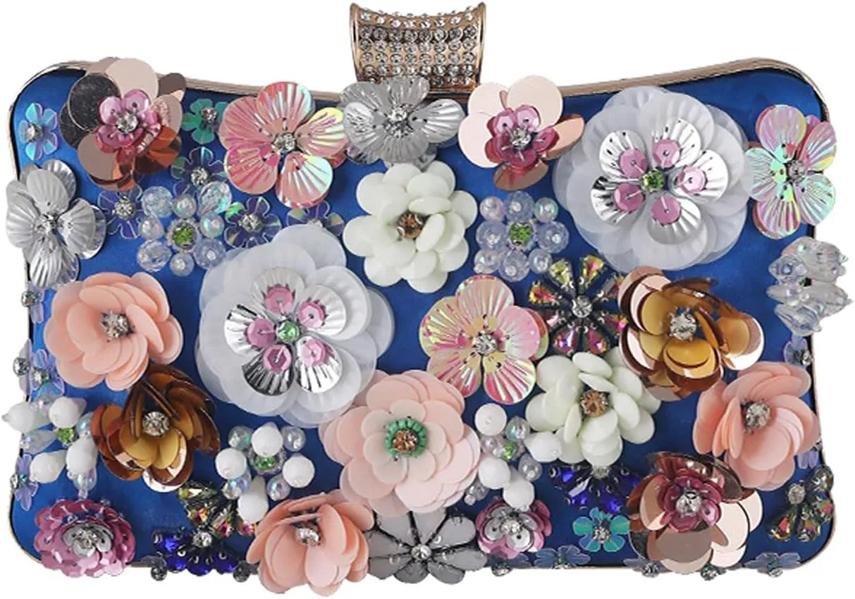 CORIOS Women's Floral Evening Bag Shiny Rhinestone Clutch Bag Wedding Bag Chain Handbag Elegant Shoulder Bag Pearl Shoulder Bag for Wedding Prom Banquet Party, blue, Elegant