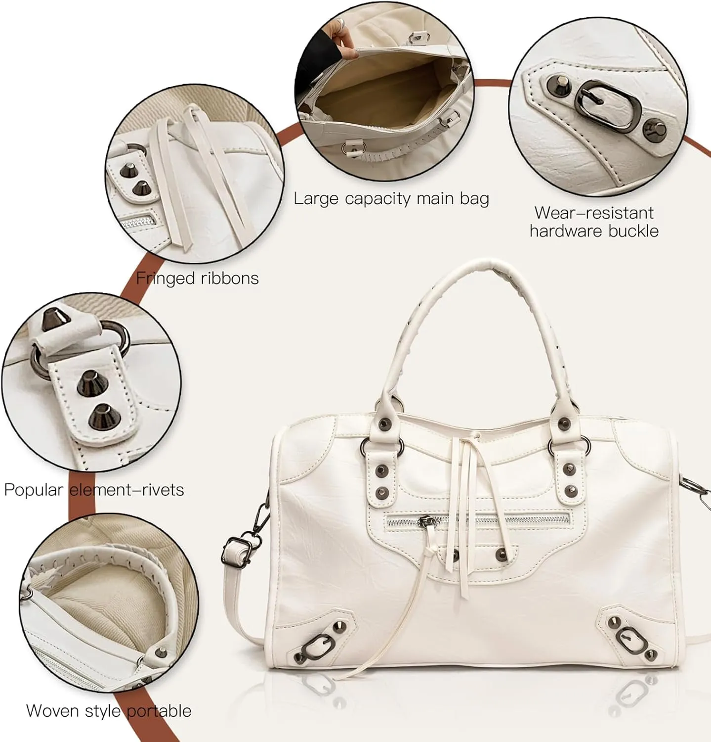 Crossbody Tote Bag for Women  Rivet Studded Hobo Shoulder Purse, Trendy Goth Work Boston Bag