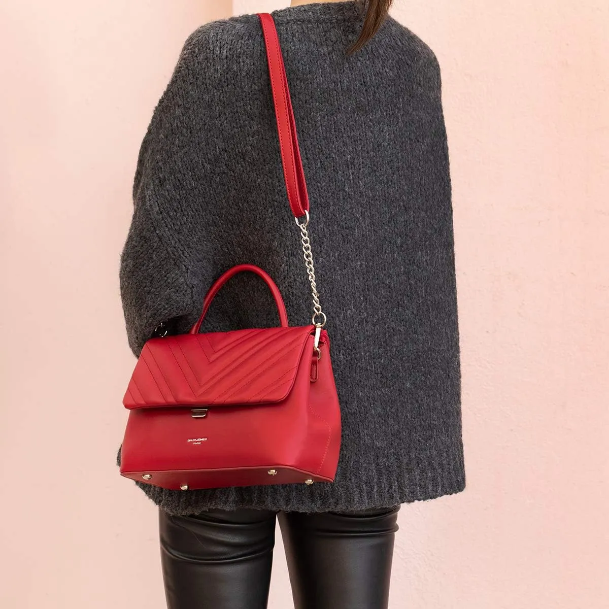 David Jones - Women's Shoulder Bag - Women's Handbag Quilted PU Leather - Quilted Pattern Bag Medium Shoulder Bag - Top Handle Handbag Elegant Satchel Crossbody Bag Fashion Party, red, Elegant