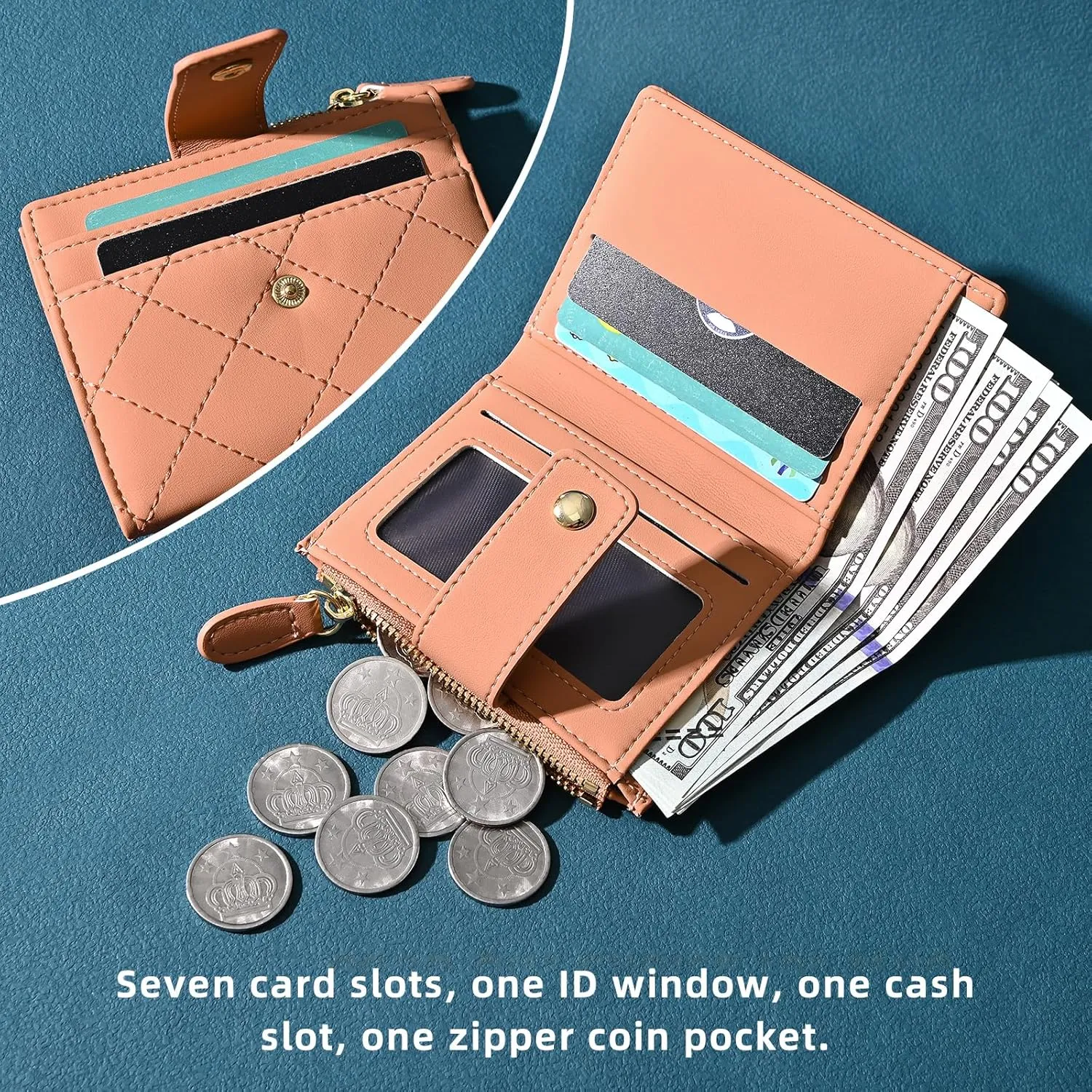 Denovin Wallet Women, Small Cute Card Wallets for Woman, Bifold Credit Business Card Coin Holder with Zipper Purse Pocket for Cash, Key, Change, ID Card, Pink