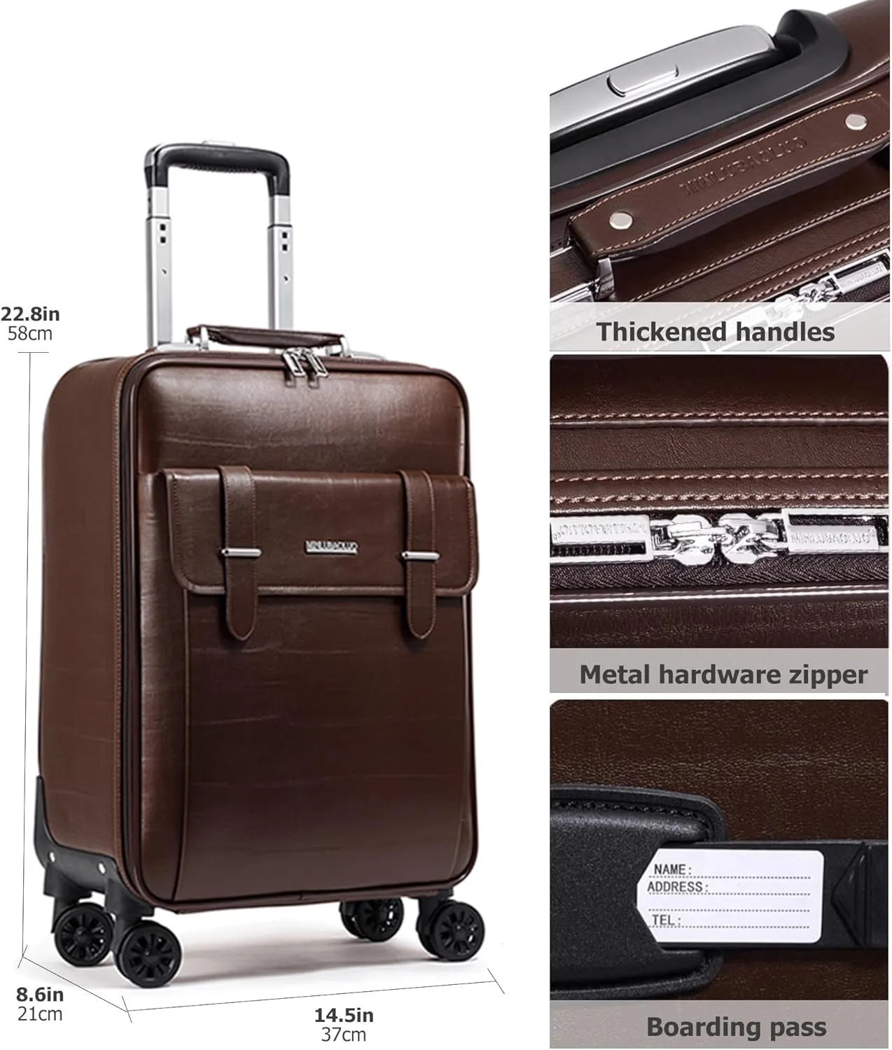 feilario Business Spinner Wheels Luggage PVC Leather Waterproof Carry-On Suitcase Aluminum Alloy Handle Soft Shell Luggage with TSA Lock (Brown, 20in)