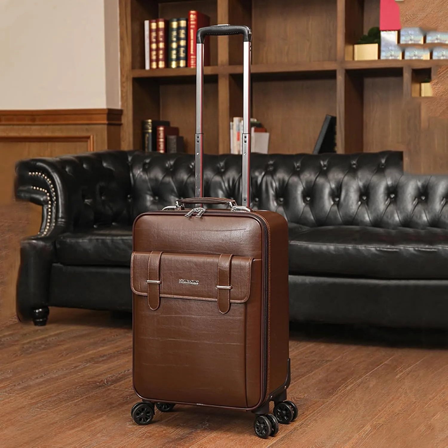 feilario Business Spinner Wheels Luggage PVC Leather Waterproof Carry-On Suitcase Aluminum Alloy Handle Soft Shell Luggage with TSA Lock (Coffee, 20in)