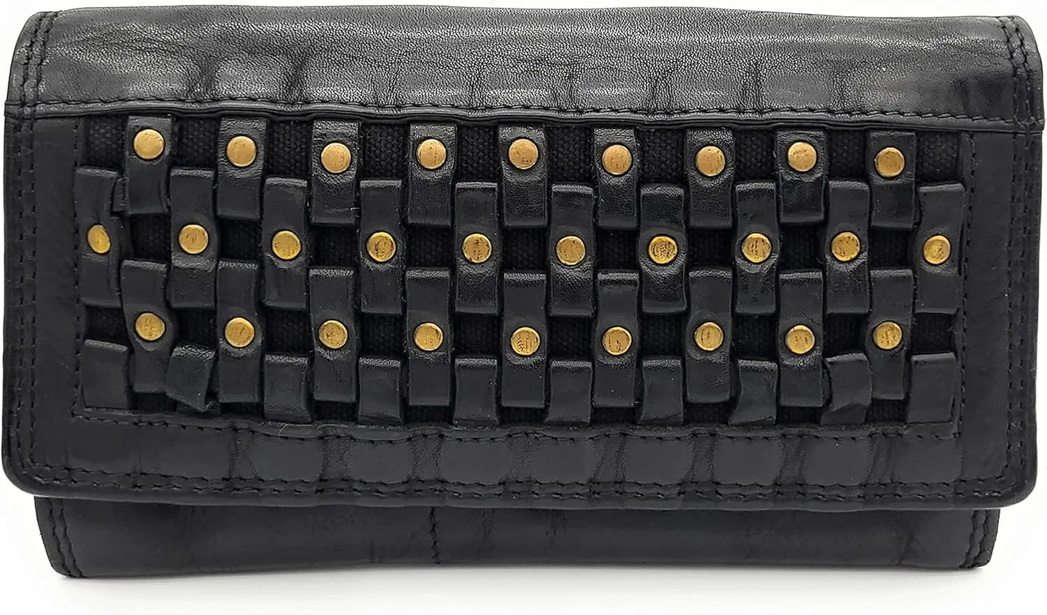 Genuine Leather Women's Purse Washed Leather Braided with Rivets and RFID Protection Vintage Style, Used Look