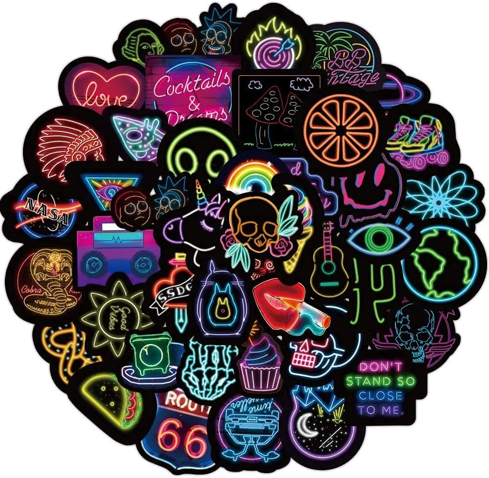 iDream Neon Party Theme Waterproof Vinyl DIY Sticker for Suitcase Bicycle Laptop Helmet Car (Set of 50)