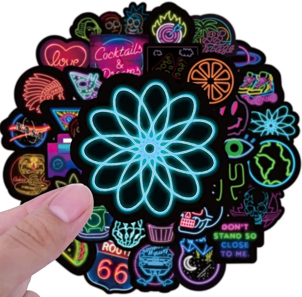 iDream Neon Party Theme Waterproof Vinyl DIY Sticker for Suitcase Bicycle Laptop Helmet Car (Set of 50)