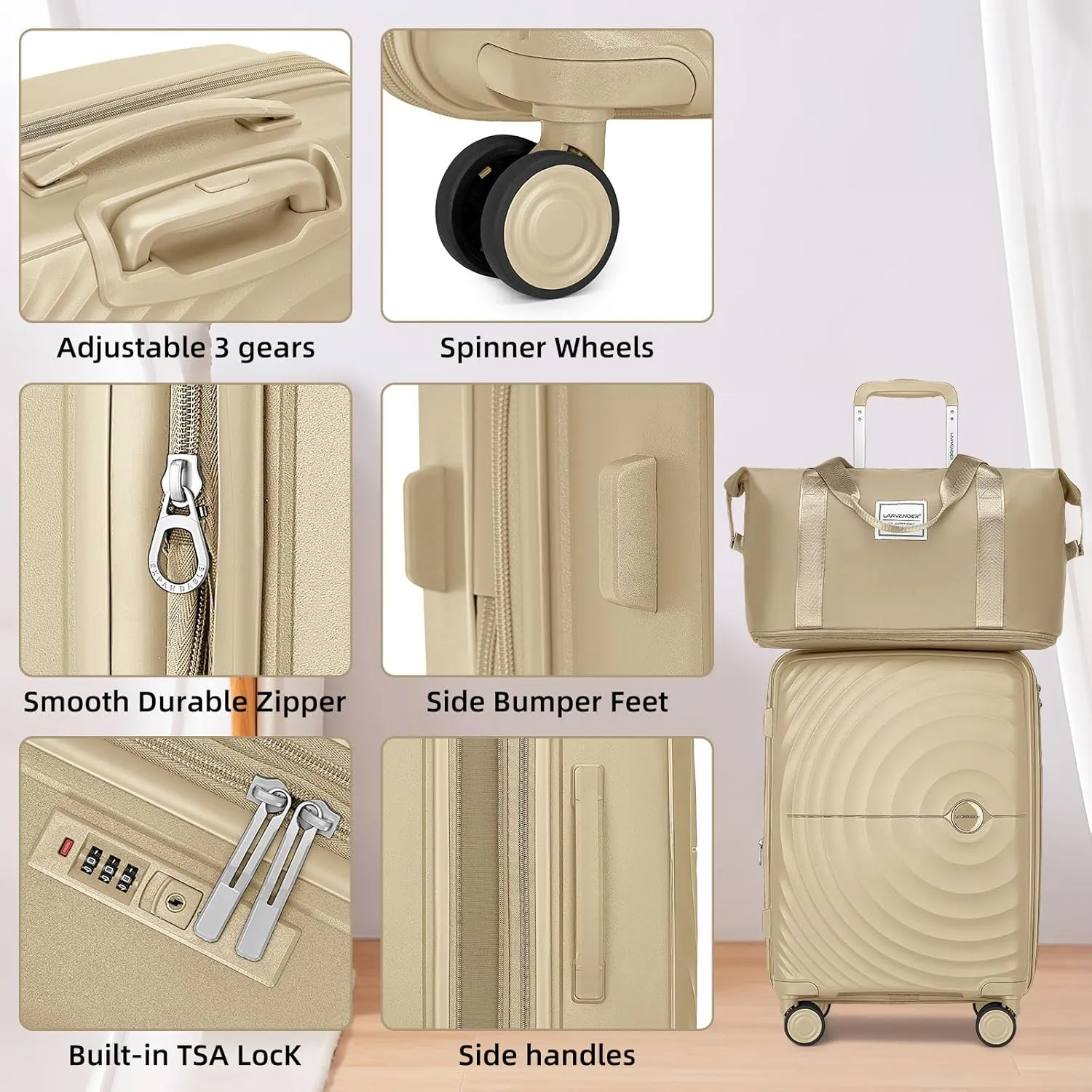 LARVENDER Luggage Sets 5 Piece, PP Hardshell Suitcase Set, Carry on Luggage Set, Expandable Travel Luggage Set with TSA Lock, Large Suitcase with Spinner Wheels for Women Men(CHAMPAGNE/20/24/28/DB/TB)