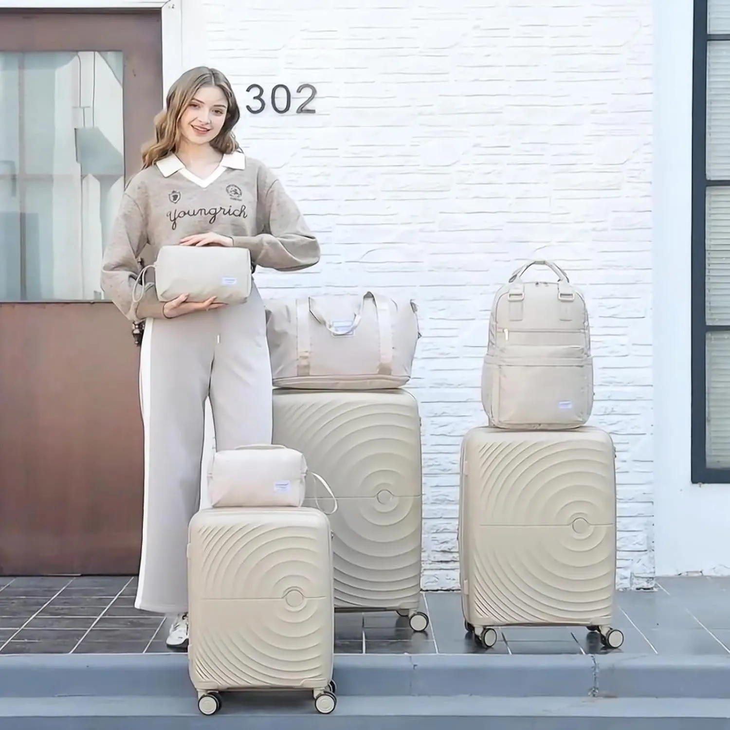 LARVENDER Luggage Sets 5 Piece, PP Hardshell Suitcase Set, Carry on Luggage Set, Expandable Travel Luggage Set with TSA Lock, Large Suitcase with Spinner Wheels for Women Men(CHAMPAGNE/20/24/28/DB/TB)
