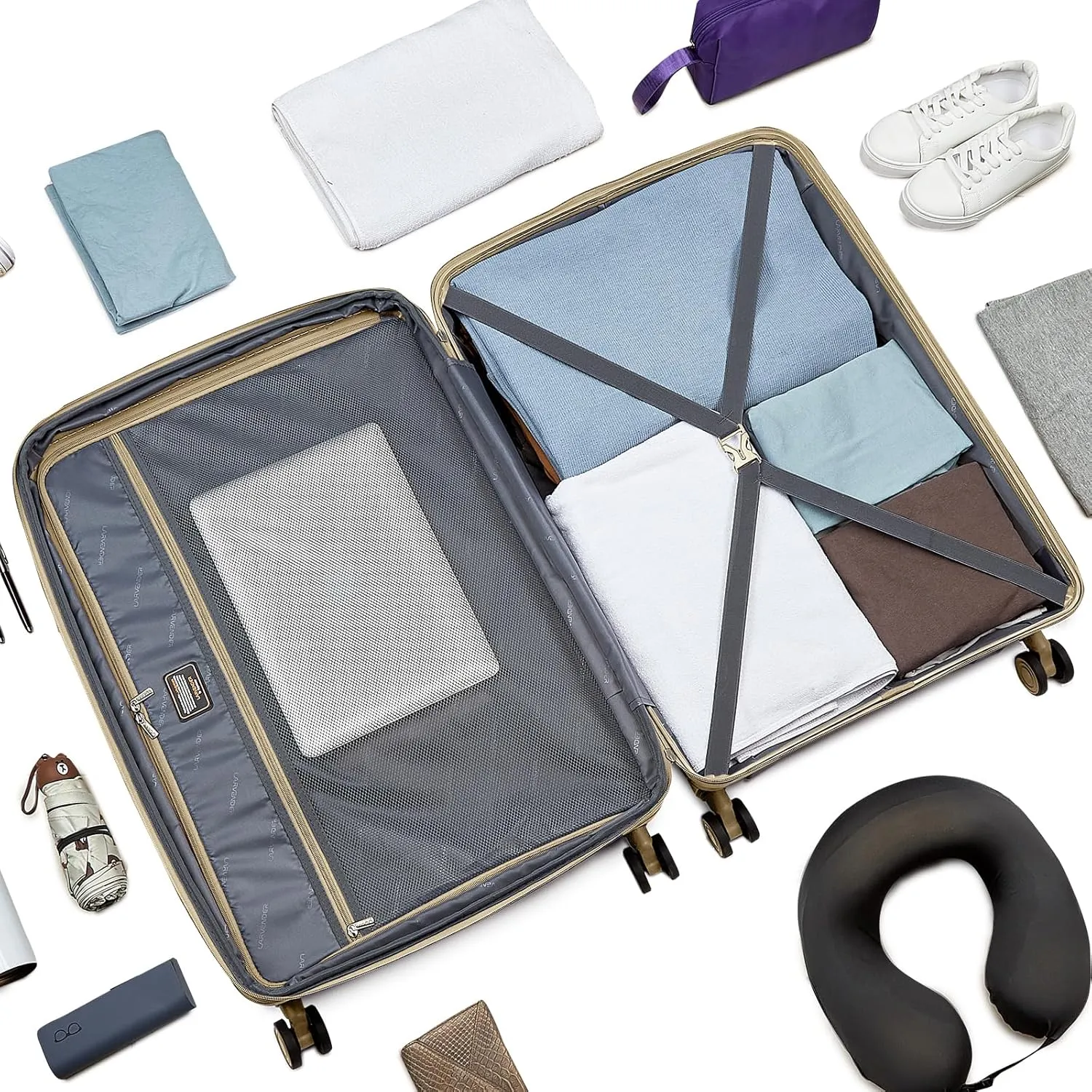LARVENDER Luggage Sets 5 Piece, PP Hardshell Suitcase Set, Carry on Luggage Set, Expandable Travel Luggage Set with TSA Lock, Large Suitcase with Spinner Wheels for Women Men(CHAMPAGNE/20/24/28/DB/TB)