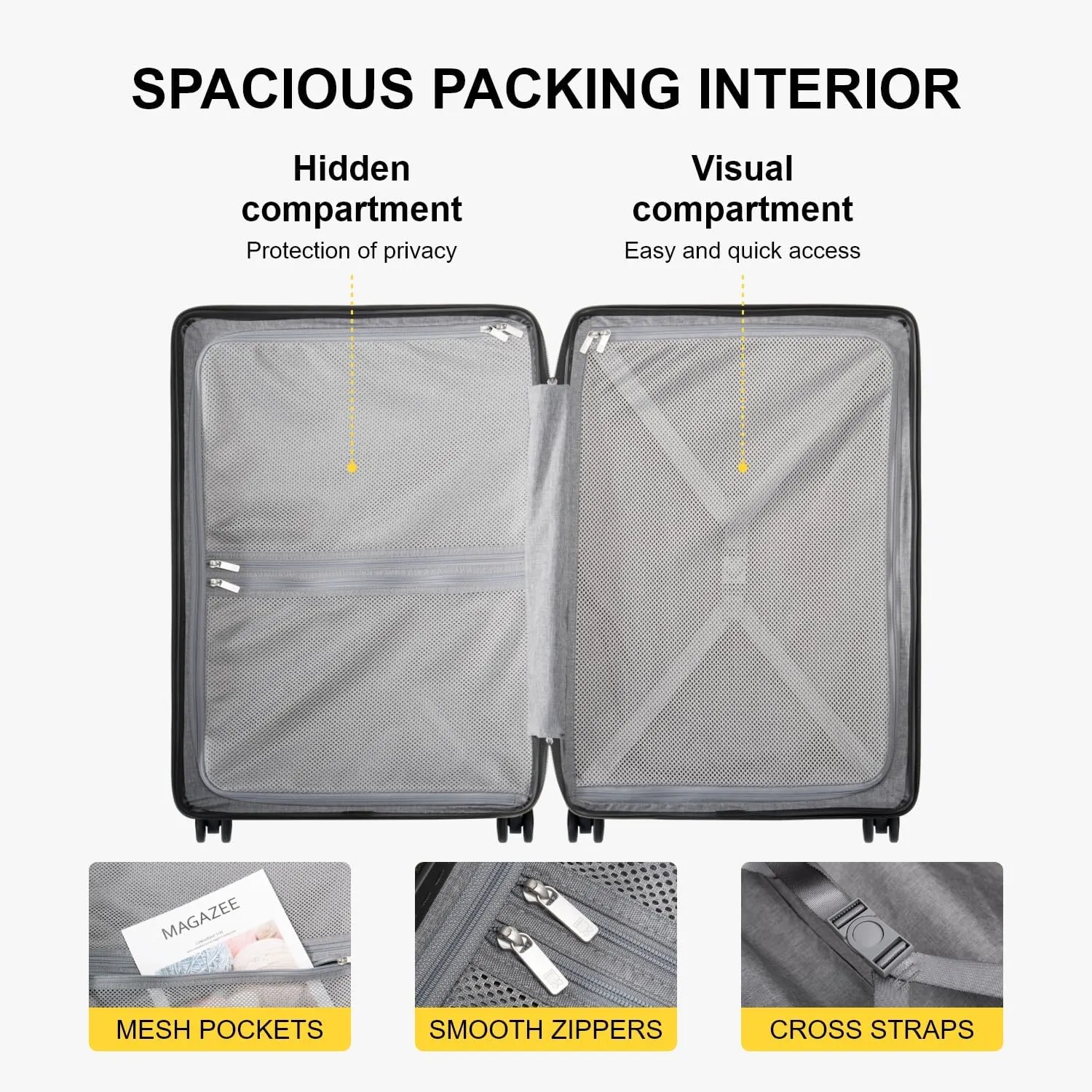 LEVEL8 Large Suitcase with Wheels, Checked Luggage, Lightweight Luminous Textured Tsa Approved Medium Hardside Large Luggages, 24 Inch, Black