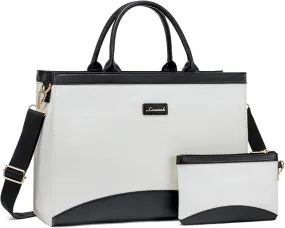 LOVEVOOK Laptop Tote Bag for Women,15.6 Inch Large Capacity Work Bag with Clutch Purse for Teacher, Canvas Computer Bag for Business fits Office College Travel Black & White