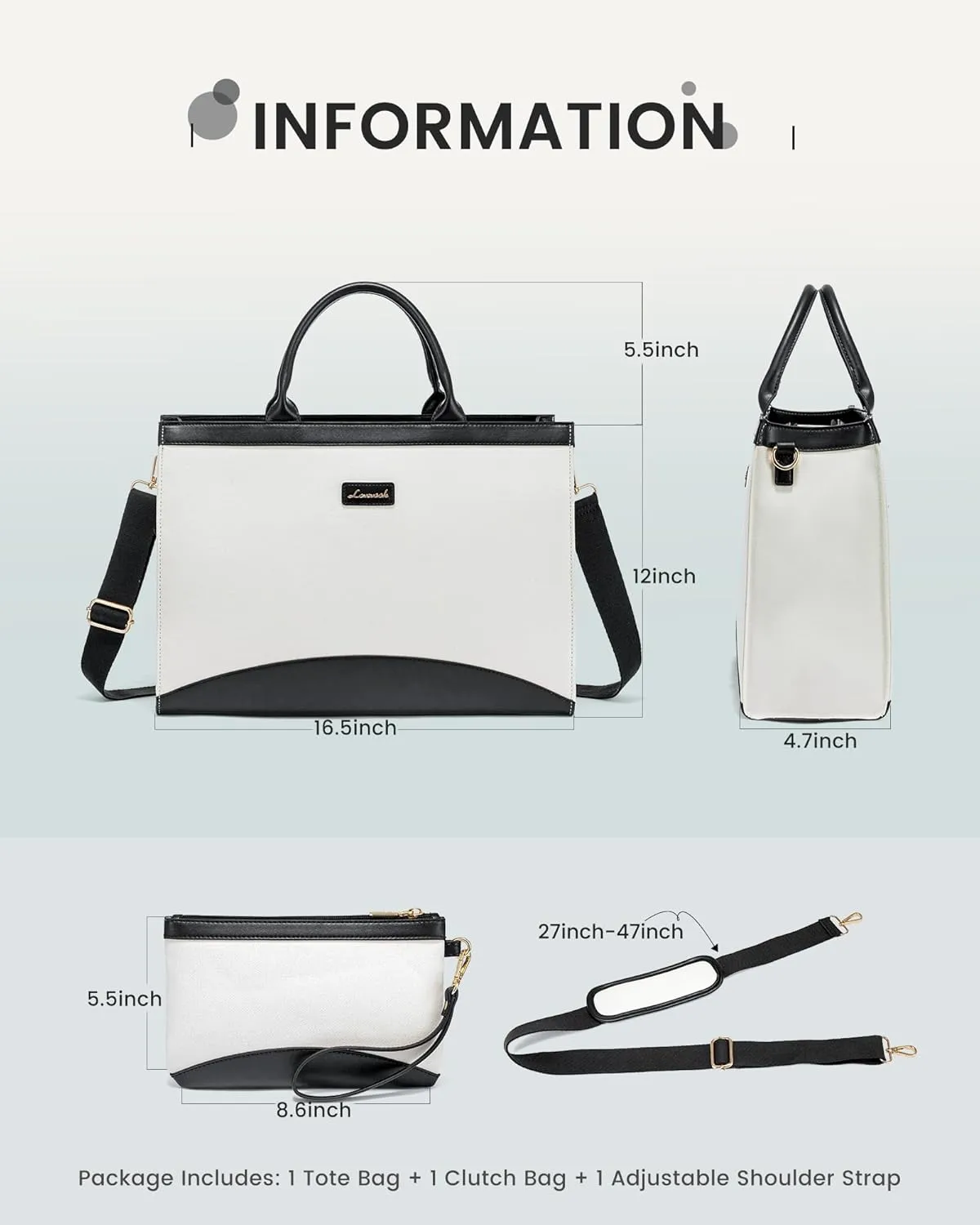 LOVEVOOK Laptop Tote Bag for Women,15.6 Inch Large Capacity Work Bag with Clutch Purse for Teacher, Canvas Computer Bag for Business fits Office College Travel Black & White