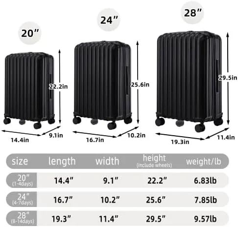 Luggage Set,3 Piece Suitcase with Spinner Wheels, Suitcase with with Cup Holder & USB Port & Phone Holder, Carry On Luggage Easy Travel for Men and Women(20/24/28) (Black)