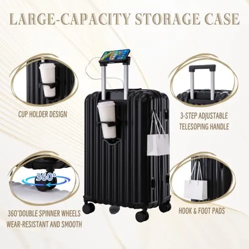Luggage Set,3 Piece Suitcase with Spinner Wheels, Suitcase with with Cup Holder & USB Port & Phone Holder, Carry On Luggage Easy Travel for Men and Women(20/24/28) (Black)