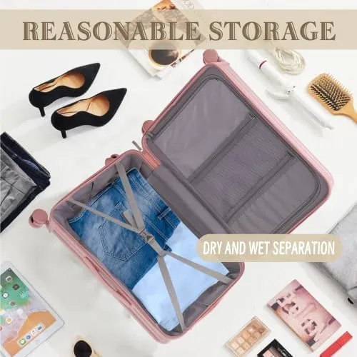 Luggage Set,3 Piece Suitcase with Spinner Wheels, Suitcase with with Cup Holder & USB Port & Phone Holder, Carry On Luggage Easy Travel for Men and Women(20/24/28) (Pink)