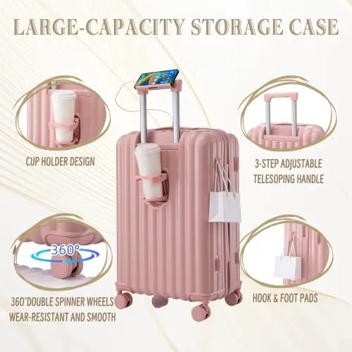 Luggage Set,3 Piece Suitcase with Spinner Wheels, Suitcase with with Cup Holder & USB Port & Phone Holder, Carry On Luggage Easy Travel for Men and Women(20/24/28) (Pink)