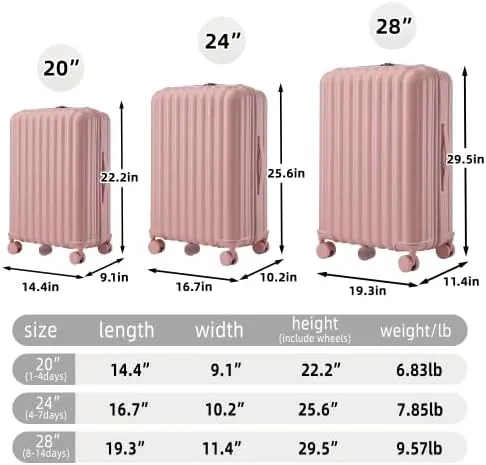 Luggage Set,3 Piece Suitcase with Spinner Wheels, Suitcase with with Cup Holder & USB Port & Phone Holder, Carry On Luggage Easy Travel for Men and Women(20/24/28) (Pink)
