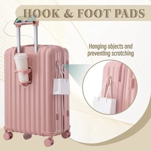 Luggage Set,3 Piece Suitcase with Spinner Wheels, Suitcase with with Cup Holder & USB Port & Phone Holder, Carry On Luggage Easy Travel for Men and Women(20/24/28) (Pink)