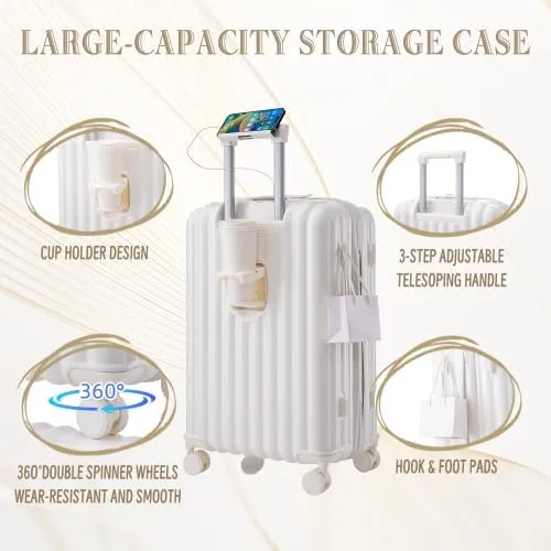 Luggage Set,3 Piece Suitcase with Spinner Wheels, Suitcase with with Cup Holder & USB Port & Phone Holder, Carry On Luggage Easy Travel for Men and Women(20/24/28) (White)
