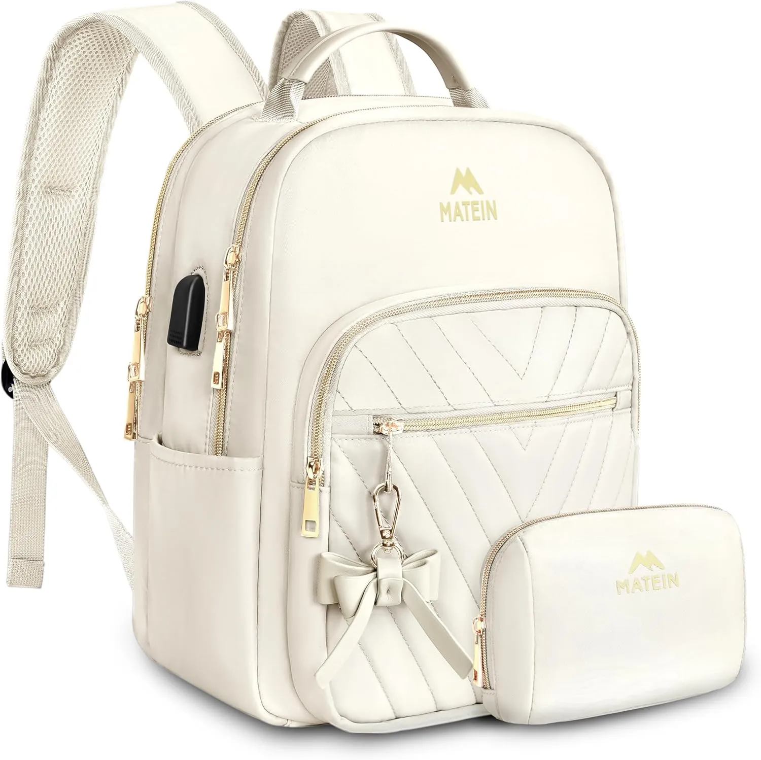 MATEIN Cute Backpacks for Women, Mini Stylish Daypack Purse with USB Charging Port, Waterproof Anti-theft Travel Casual Daily Rucksack Shoulder Handbag for Work College Dating, 2pcs Sets, Beige