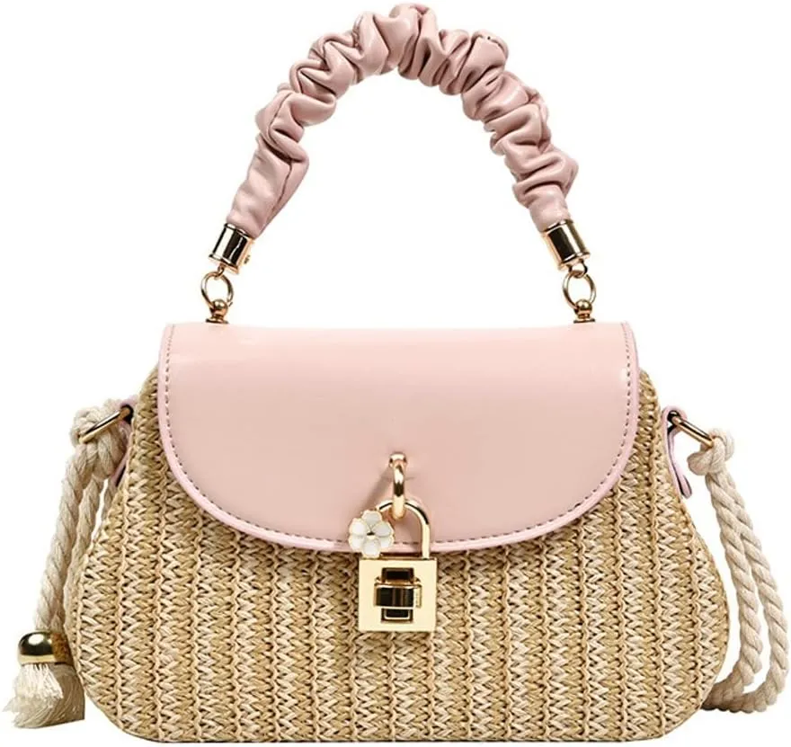 Trendy Straw Shoulder Handbag Woven Crossbody Bags for Women Casual Rattan Satchel Commuter Purses With Chain