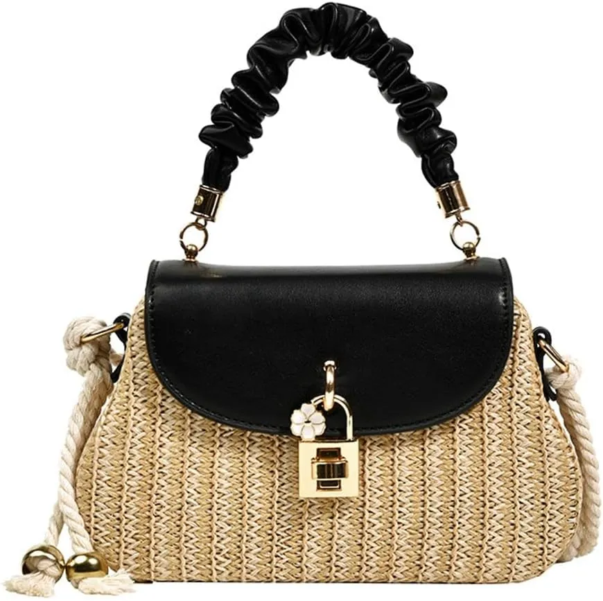 Trendy Straw Shoulder Handbag Woven Crossbody Bags for Women Casual Rattan Satchel Commuter Purses With Chain