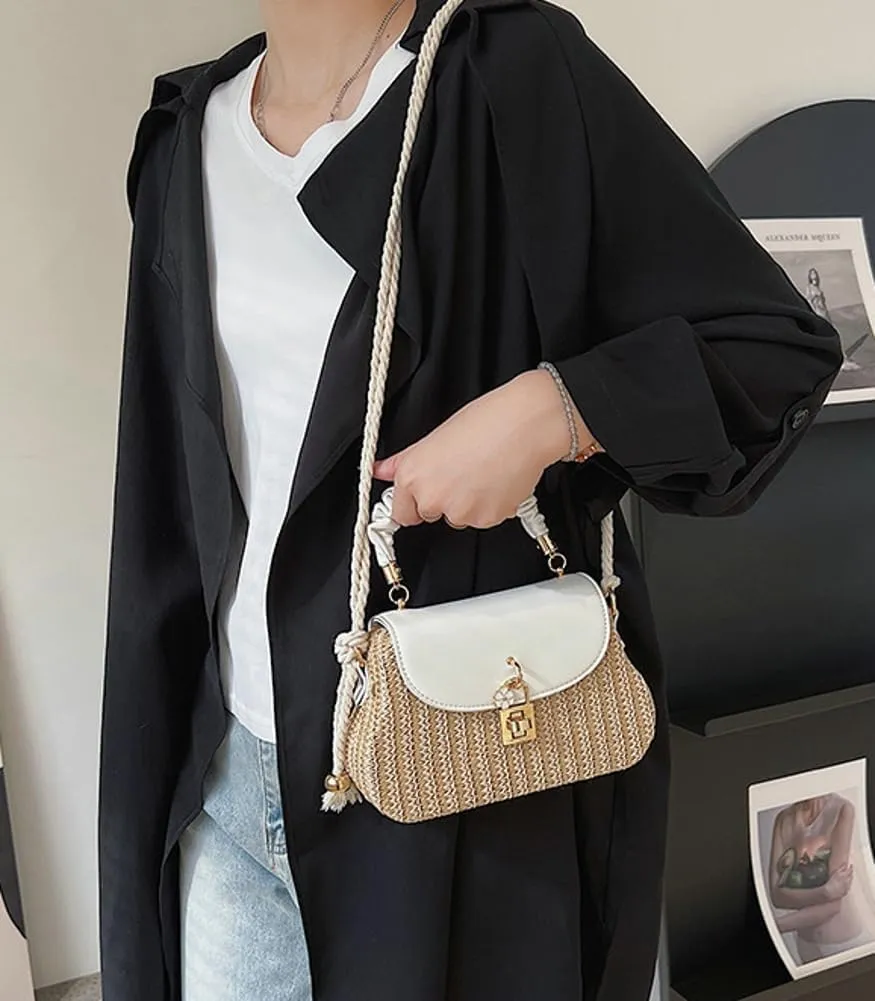 Trendy Straw Shoulder Handbag Woven Crossbody Bags for Women Casual Rattan Satchel Commuter Purses With Chain