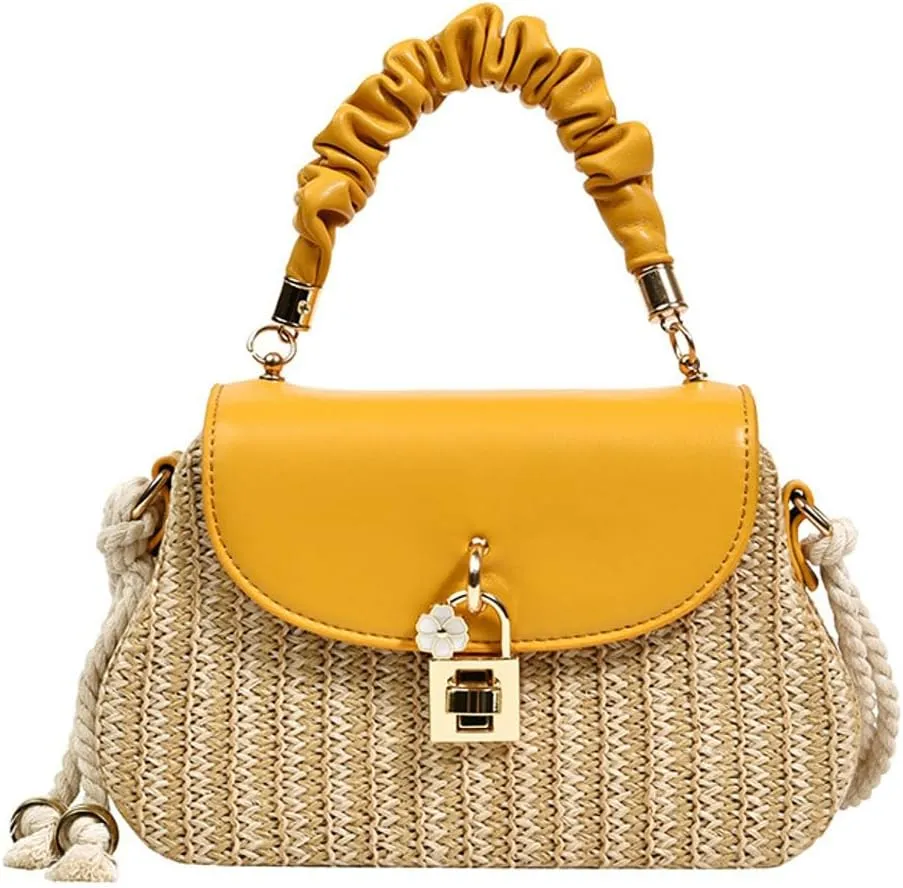 Trendy Straw Shoulder Handbag Woven Crossbody Bags for Women Casual Rattan Satchel Commuter Purses With Chain