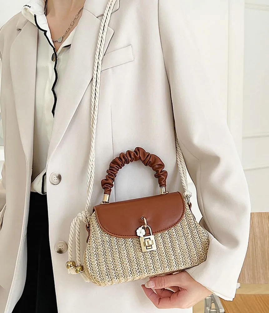 Trendy Straw Shoulder Handbag Woven Crossbody Bags for Women Casual Rattan Satchel Commuter Purses With Chain