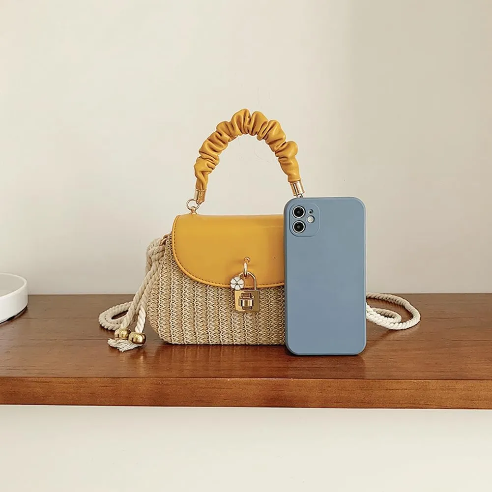 Trendy Straw Shoulder Handbag Woven Crossbody Bags for Women Casual Rattan Satchel Commuter Purses With Chain