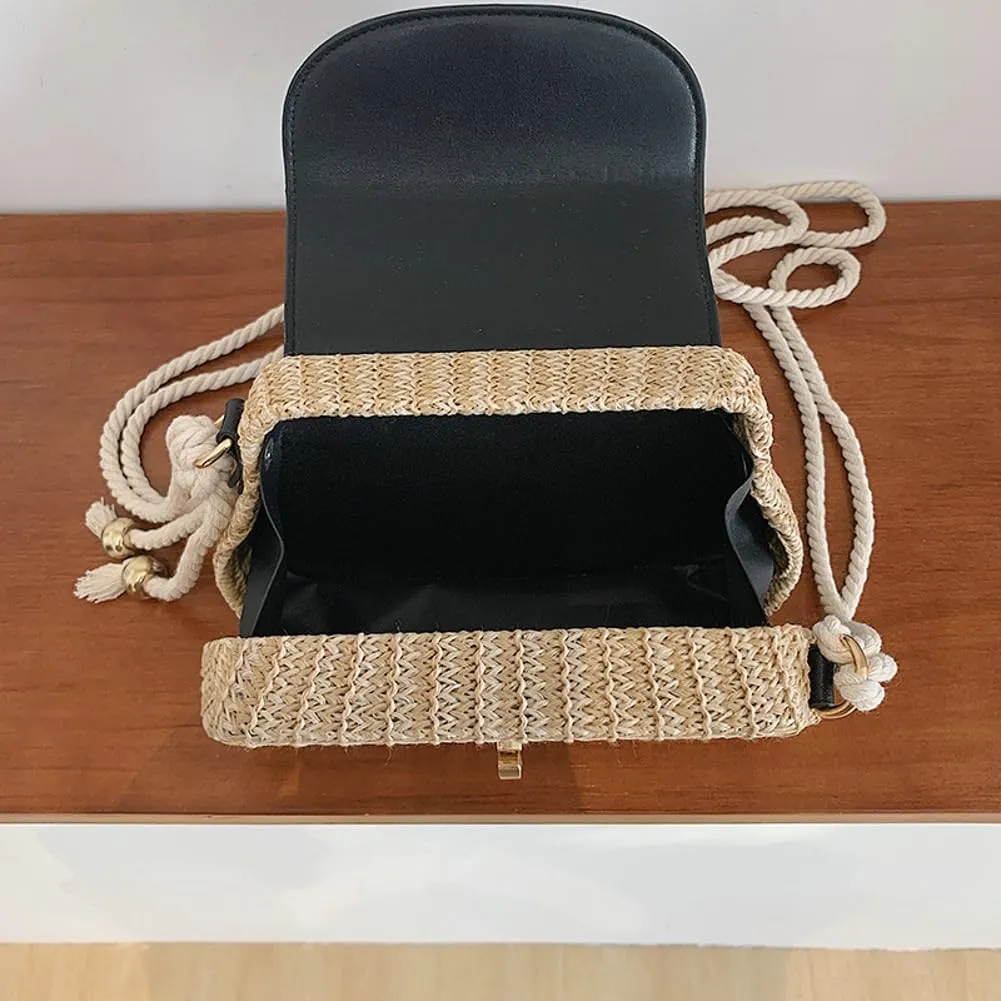 Trendy Straw Shoulder Handbag Woven Crossbody Bags for Women Casual Rattan Satchel Commuter Purses With Chain