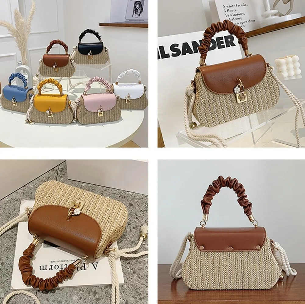 Trendy Straw Shoulder Handbag Woven Crossbody Bags for Women Casual Rattan Satchel Commuter Purses With Chain