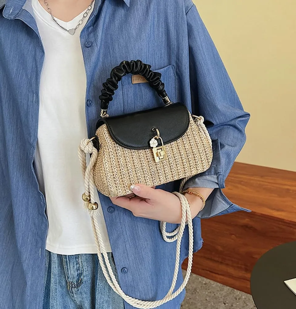Trendy Straw Shoulder Handbag Woven Crossbody Bags for Women Casual Rattan Satchel Commuter Purses With Chain