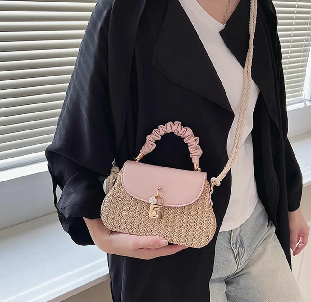 Trendy Straw Shoulder Handbag Woven Crossbody Bags for Women Casual Rattan Satchel Commuter Purses With Chain