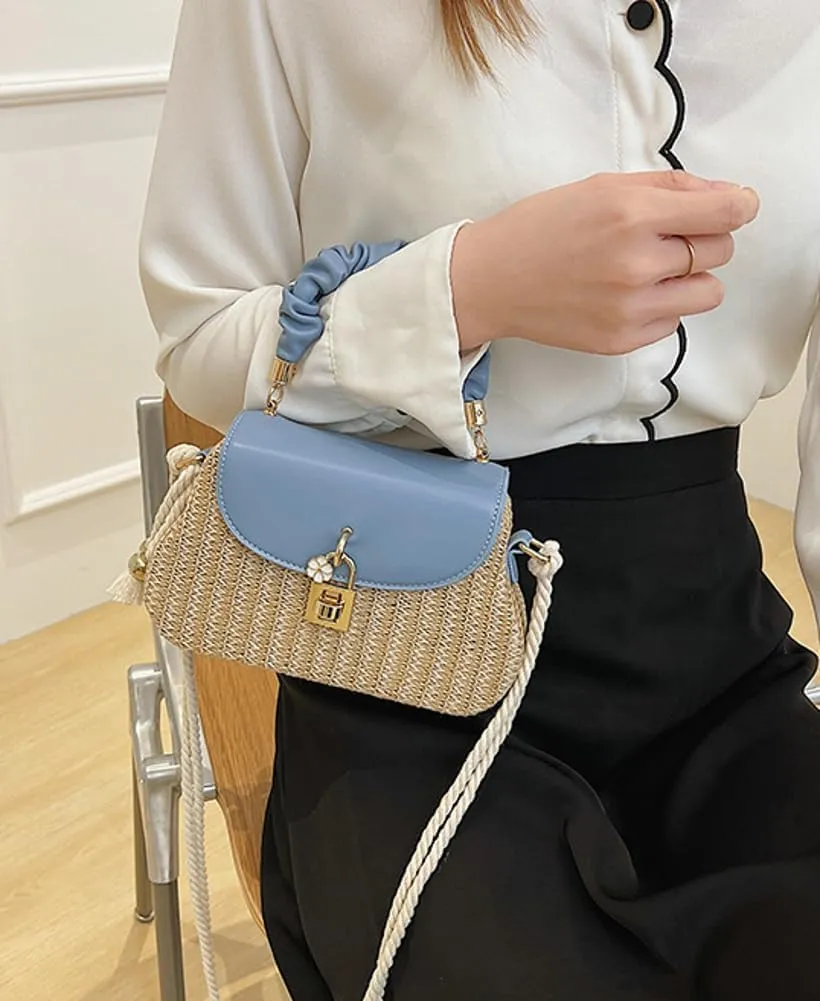Trendy Straw Shoulder Handbag Woven Crossbody Bags for Women Casual Rattan Satchel Commuter Purses With Chain