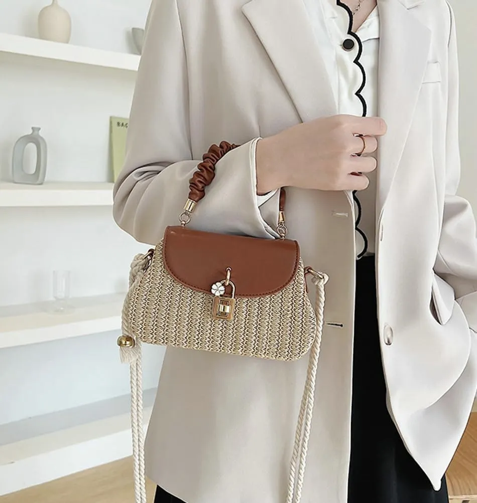 Trendy Straw Shoulder Handbag Woven Crossbody Bags for Women Casual Rattan Satchel Commuter Purses With Chain
