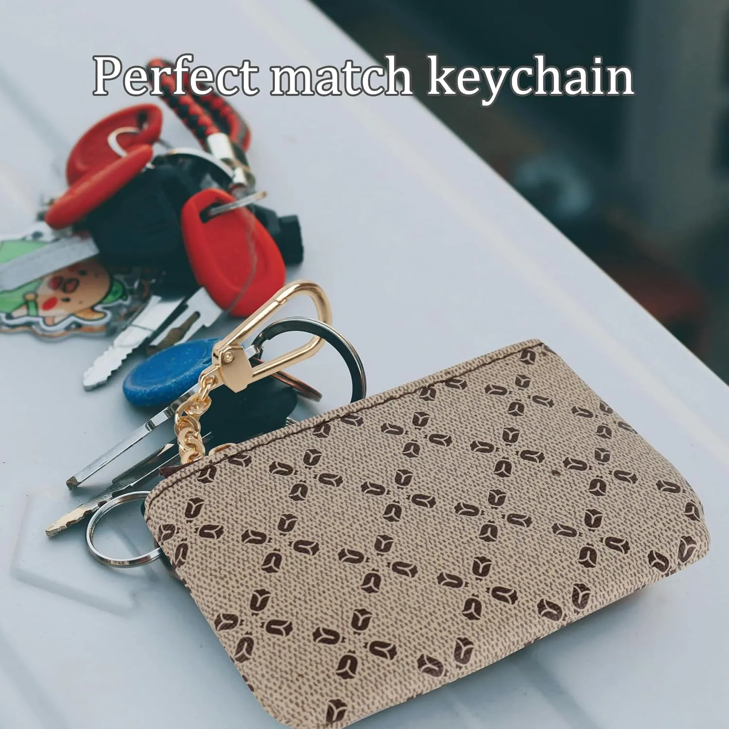 Veki Coin Purse Change Mini Purse Wallet With Key Chain Ring Zipper for Men Women Fashionable Bag Key Chain Pendant Leather Classic Clutch Purse (Classic-Khaki)
