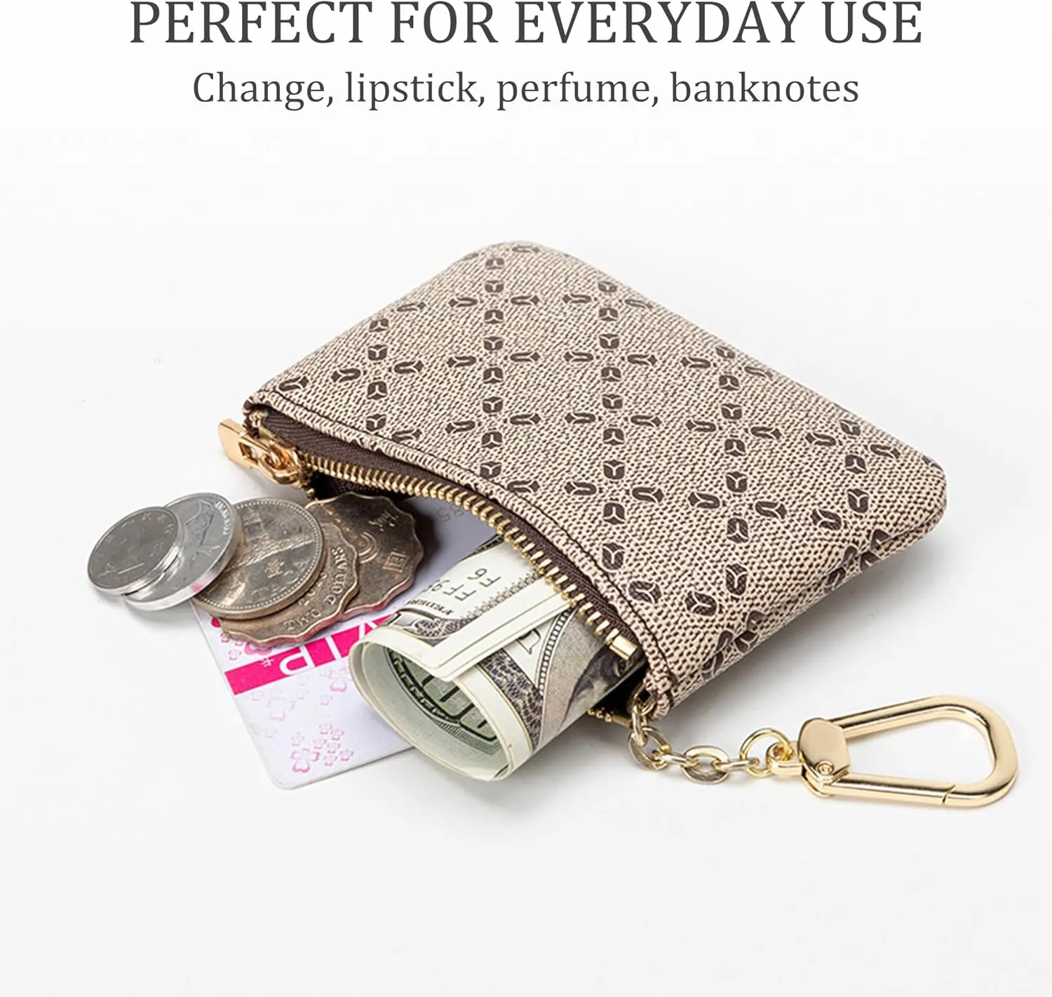 Veki Coin Purse Change Mini Purse Wallet With Key Chain Ring Zipper for Men Women Fashionable Bag Key Chain Pendant Leather Classic Clutch Purse (Classic-Khaki)