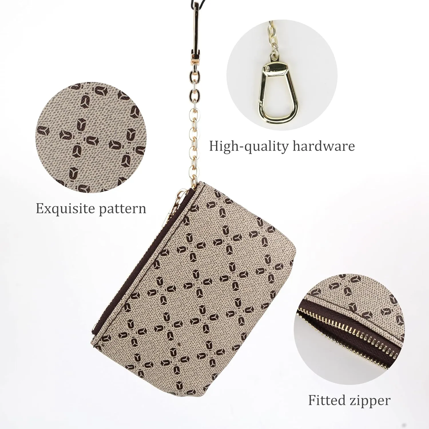 Veki Coin Purse Change Mini Purse Wallet With Key Chain Ring Zipper for Men Women Fashionable Bag Key Chain Pendant Leather Classic Clutch Purse (Classic-Khaki)
