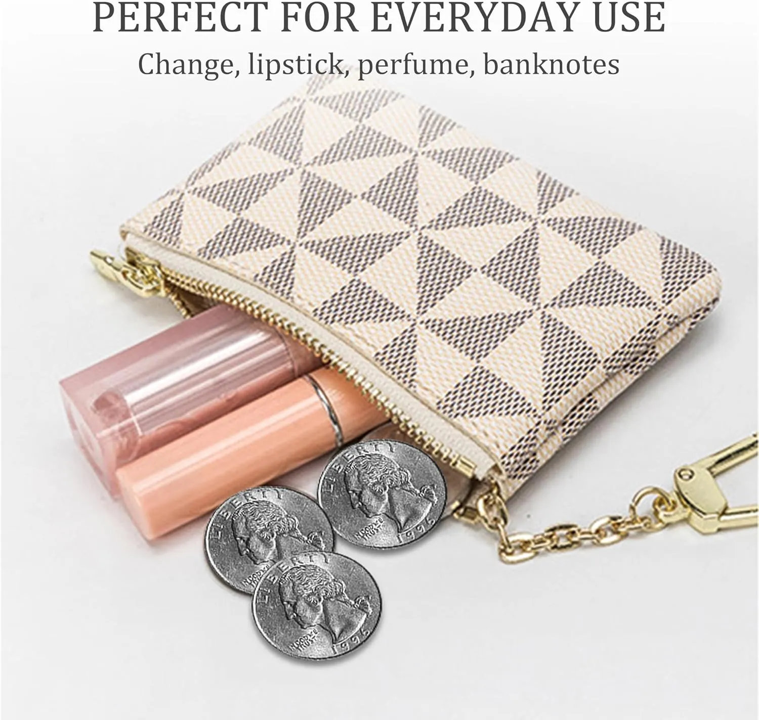 Veki Coin Purse Change Mini Purse Wallet With Key Chain Ring Zipper for Men Women Fashionable Bag Pendant Leather Classic Clutch (White)