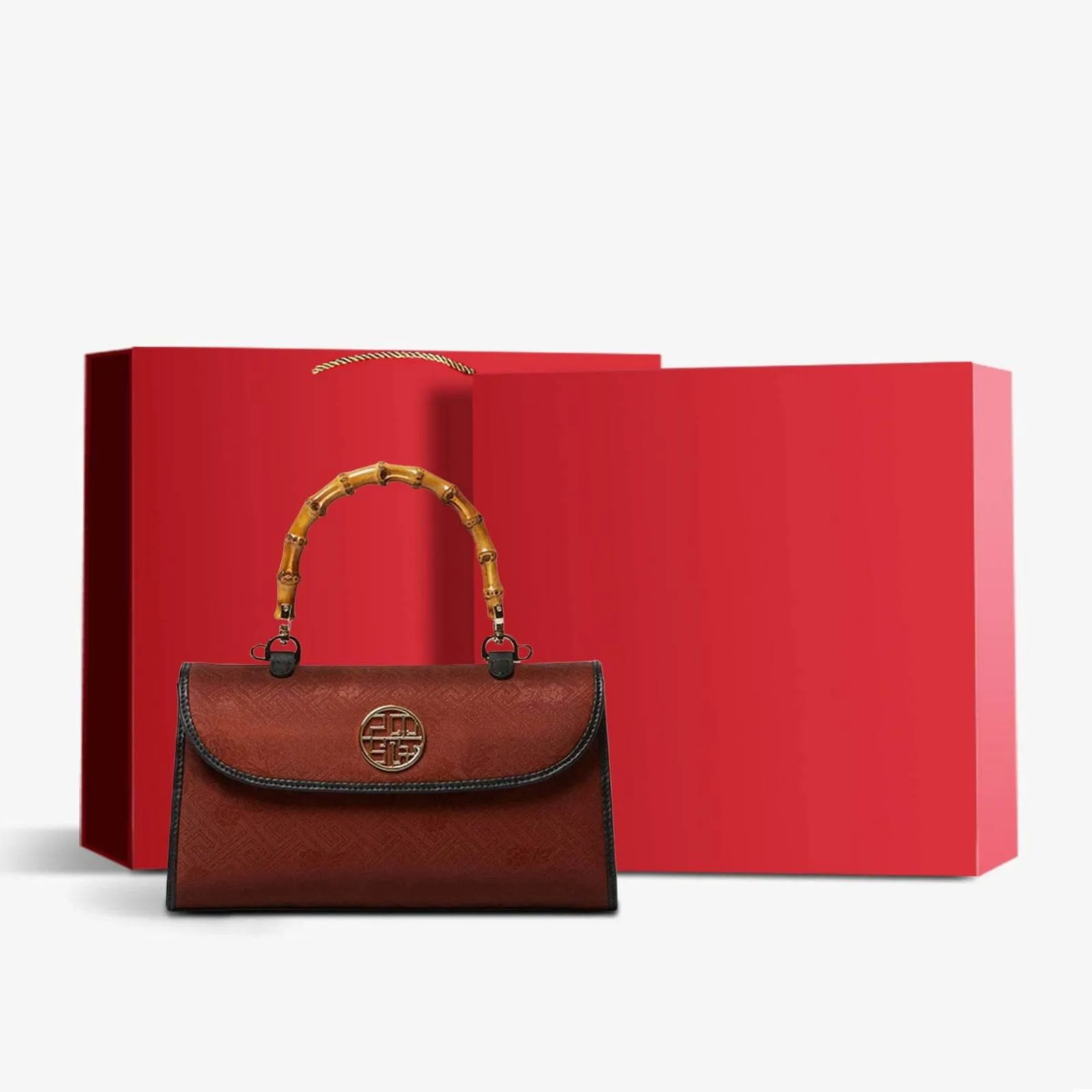 Xiangyunsha Silk Bamboo Handle Brwon Handbag